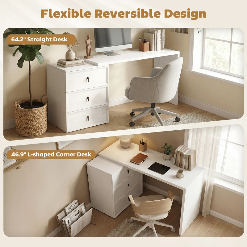 HOMCOM L Shaped Computer Desk Home Office Desk with 3 Drawers White Wood Grain