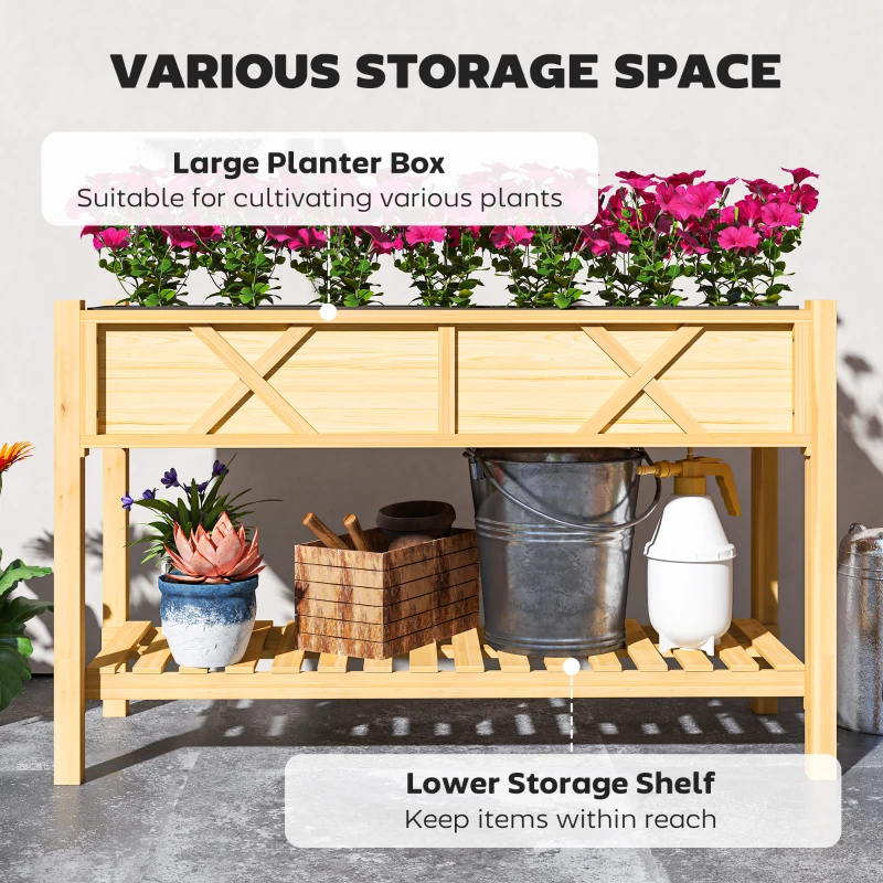 Outsunny Raised Garden Bed, 47 x 22 x 31.5 in. Elevated Wood Planter Box with Storage Shelf, Drainage Holes, and Liner, Natural