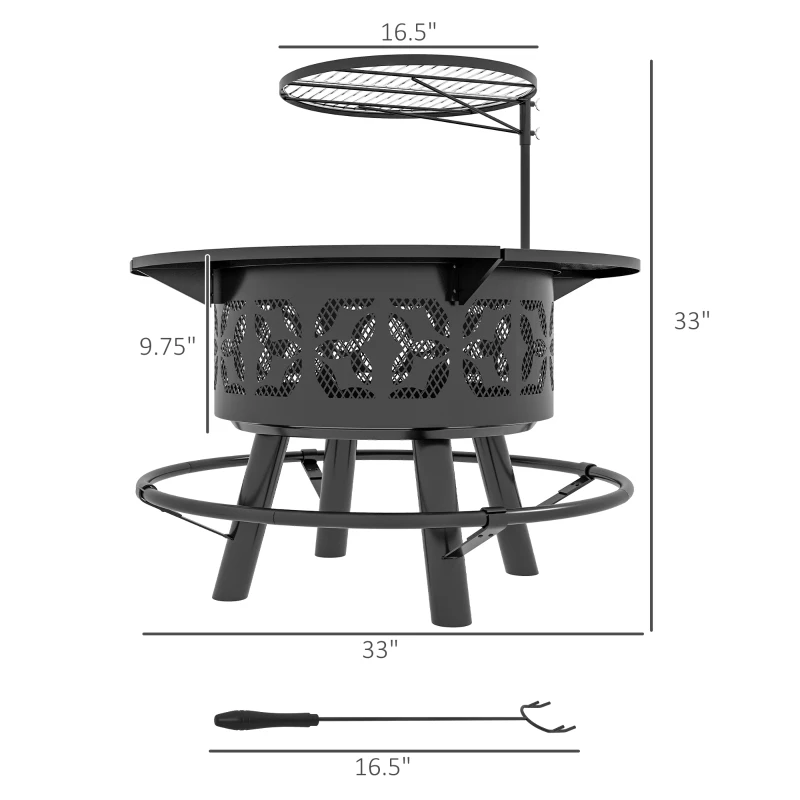 Outsunny Wood Burning Fire Pit, Charcoal BBQ Grill, Portable Firepit with Cooking Grate, Pan, and Poker, 33", Black