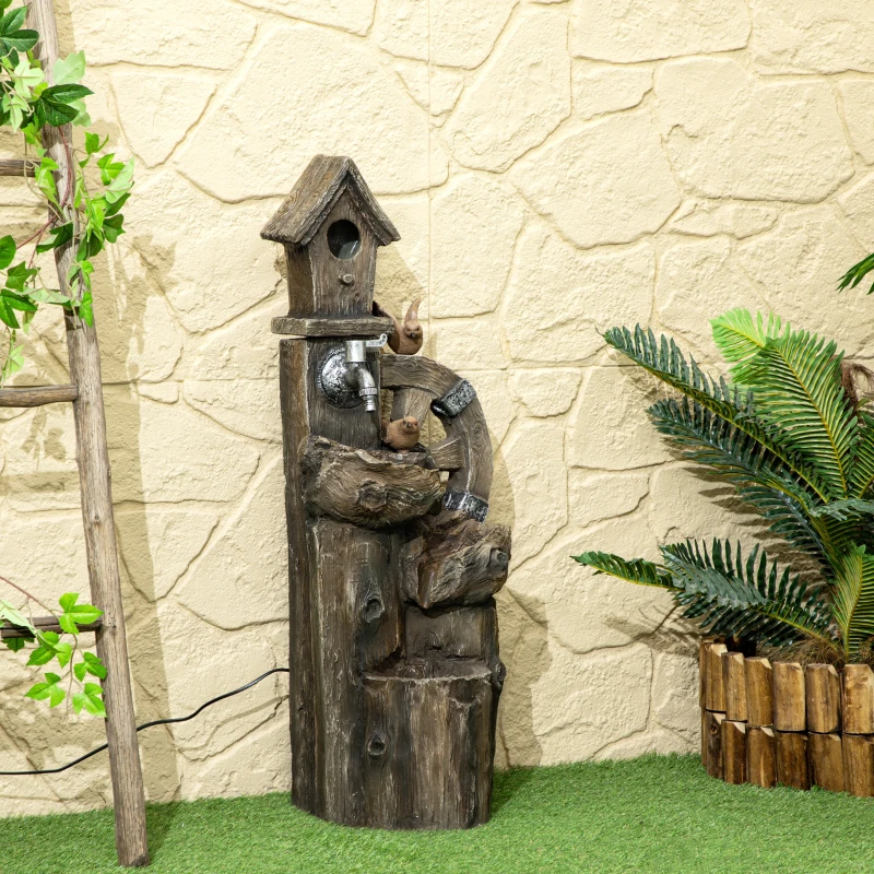 Outsunny Outdoor Water Fountain, Decorative Garden Birdhouse, 3-Tier Cascading Waterfall with LED Lights and Water Wheel