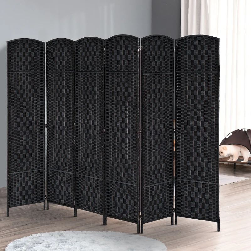 HOMCOM Room Divider 6 Panel, 6FT Tall Folding Privacy Screen, Freestanding Hand-Woven Partition for Room Separation with 360° Hinges, Paper Rope Diamond Weave, Black