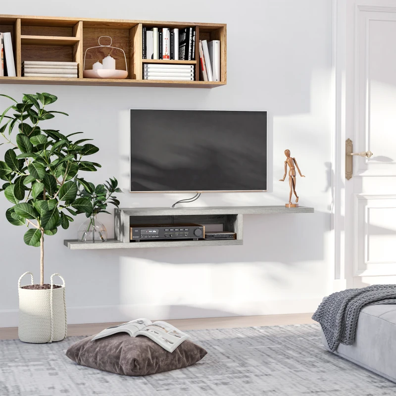HOMCOM Wall Mounted Media Console, Floating TV Stand, Entertainment Center Unit, Grey