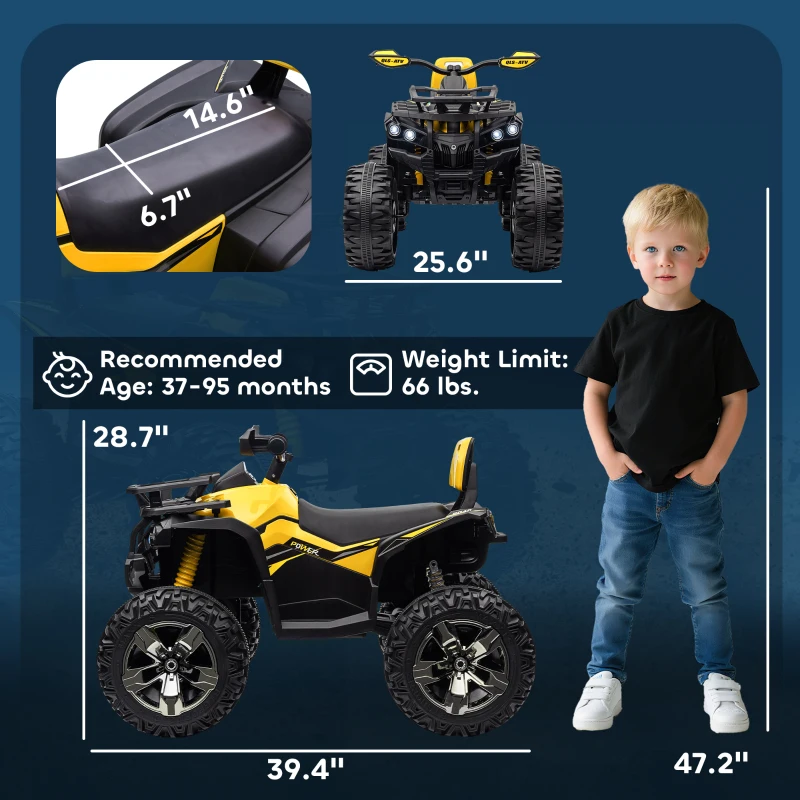 Aosom 12V Kids Recharging Ride-on Electric ATV Quad w/ Realistic Headlights Wide Wheel, Yellow