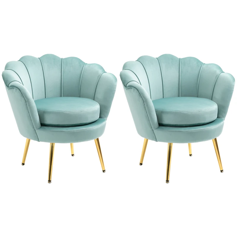 HOMCOM Elegant Velvet Fabric Accent Chair/Leisure Club Chair with Gold Metal Legs for Living Room, Set of 2, Green