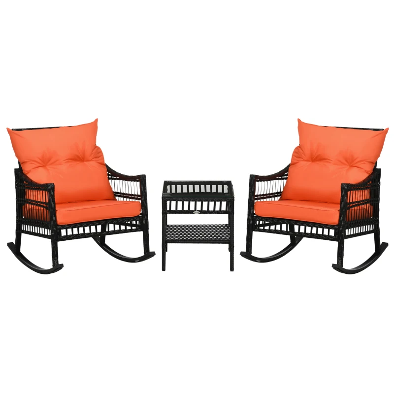 Outsunny 3 Pieces Outdoor PE Rattan Rocker Chair Set, Rocking Chair with Tempered Glass Table Top,25"x26"x28", Orange