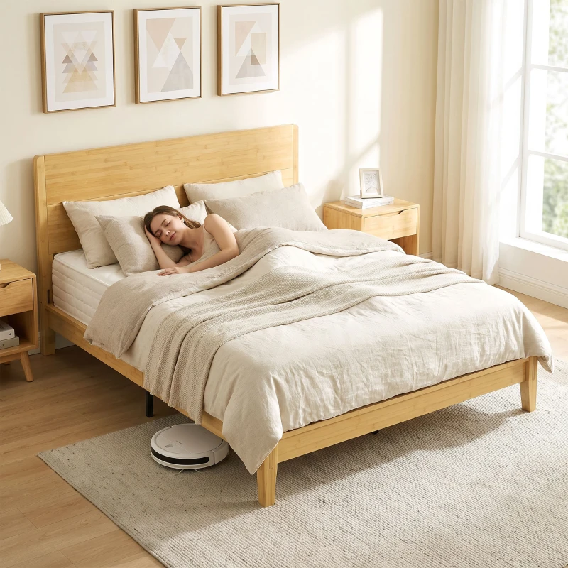 HOMCOM Queen Size Bamboo Platform Bed Frame with Headboard and 12 Poplar Slats, No Box Spring Needed, Easy Assembly, Natural