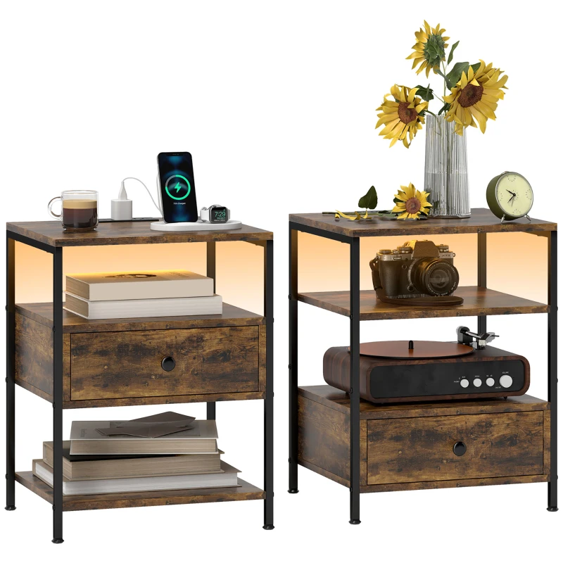 HOMCOM Set of 2 Side Tables with Charging Stations and LED Lights, End Tables with Drawer and Shelves for Living Room, Brown