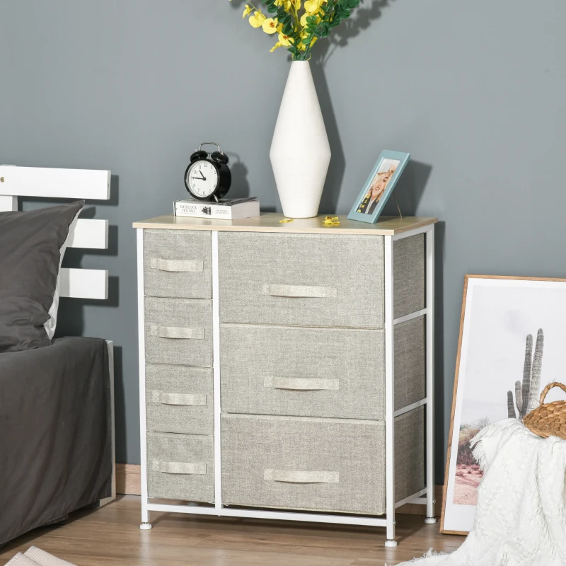 HOMCOM 7-Drawer Dresser Storage Tower Cabinet Organizer Unit, Easy Pull Fabric Bins with Metal Frame for Bedroom, Closets, Light Gray