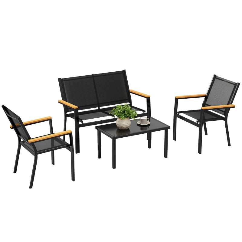 Outsunny Outdoor 4 Piece Set Patio Furniture with Sofa, Tempered Glass Tabletop for Garden Backyard Porch, Black