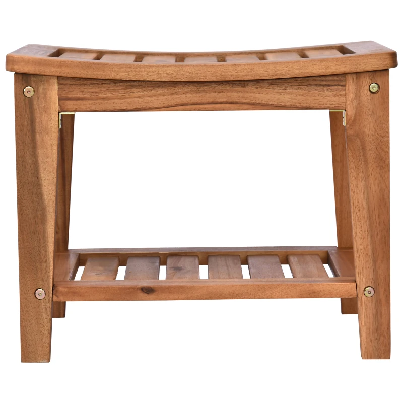 HOMCOM Acacia Wood Shower Bench Seat with Towel Shelf, 2-Tier Bathroom Spa Bathing Stool