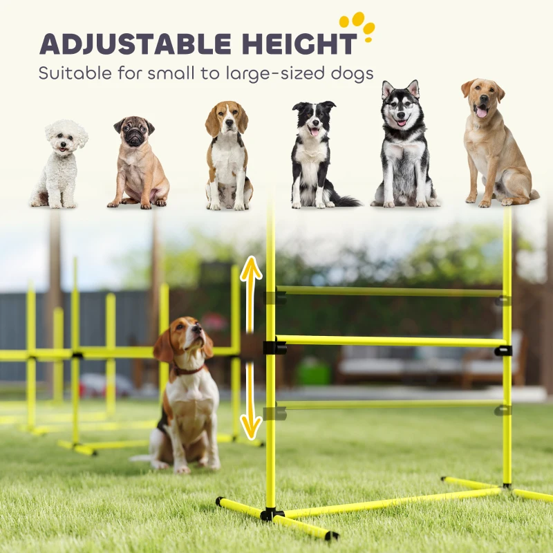 PawHut 4 Piece Dog Agility Set with Adjustable Height Jump Bars, Carry Bag, Displacing Top Bar, Yellow Yellow
