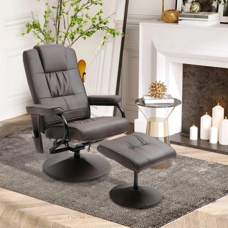 HOMCOM Massaging Faux Leather Recliner Chair and Ottoman Set, Swivel Vibration Massage Lounge Chair with Remote Control for Living Room, Bedroom, or Office, Brown