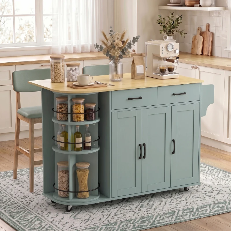 HOMCOM 53" Kitchen Island with Power Outlet and Drop Leaf, Kitchen Cart on Wheels with 360° Rotating Rack, Sage Green