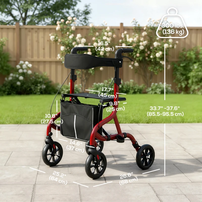 HOMCOM Foldable Rollator Walker with Seat for Seniors, Lightweight Rolling Walker with Adjustable Handles, Red