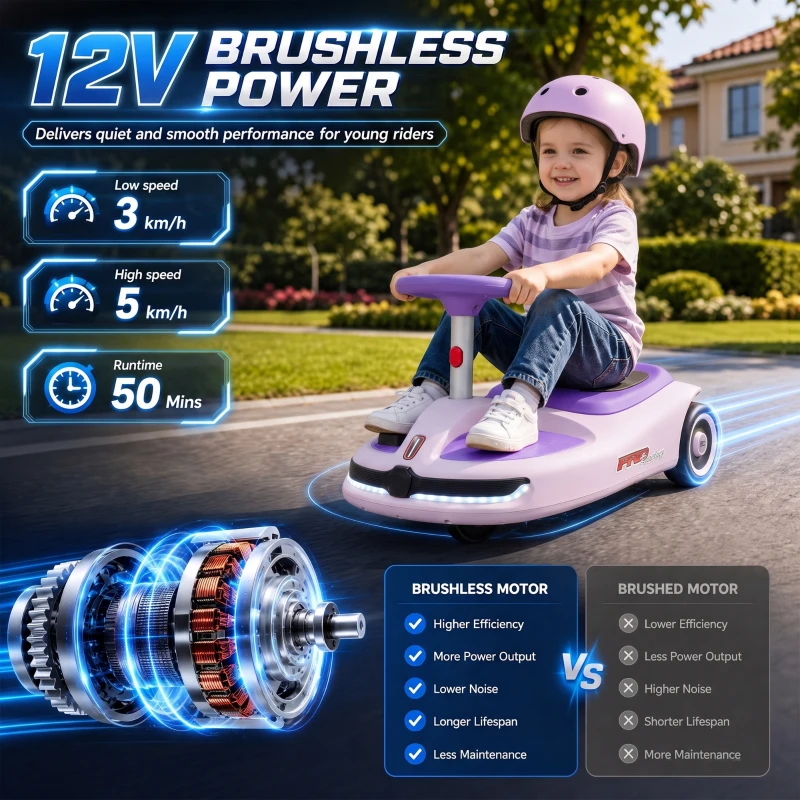 Qaba 12V Electric Wiggle Car with Convertible Steering Wheel Pull Handle, 2 Speed, Music, Lights for 3-5 Years, Purple