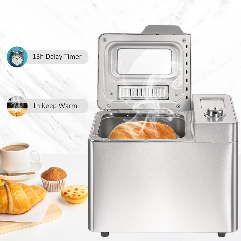 HOMCOM 2LB Bread Maker, Stainless Steel Bread Machine with 25 Programmable Settings, 3 Shade Crust Options, LCD Display, Gluten Free, Silver