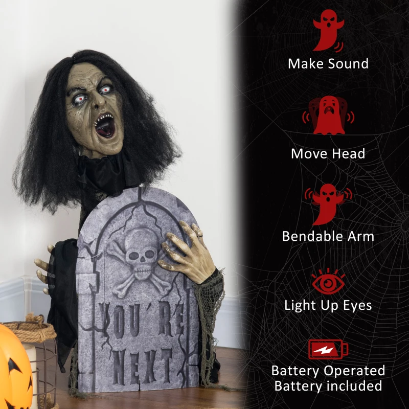 Outsunny 30" Life Size Outdoor Halloween Decorations Female Ghost with Tombstone, Animated Prop Animatronic Decor with Sound and Motion Activated Light Up Eyes, Spooky Sound