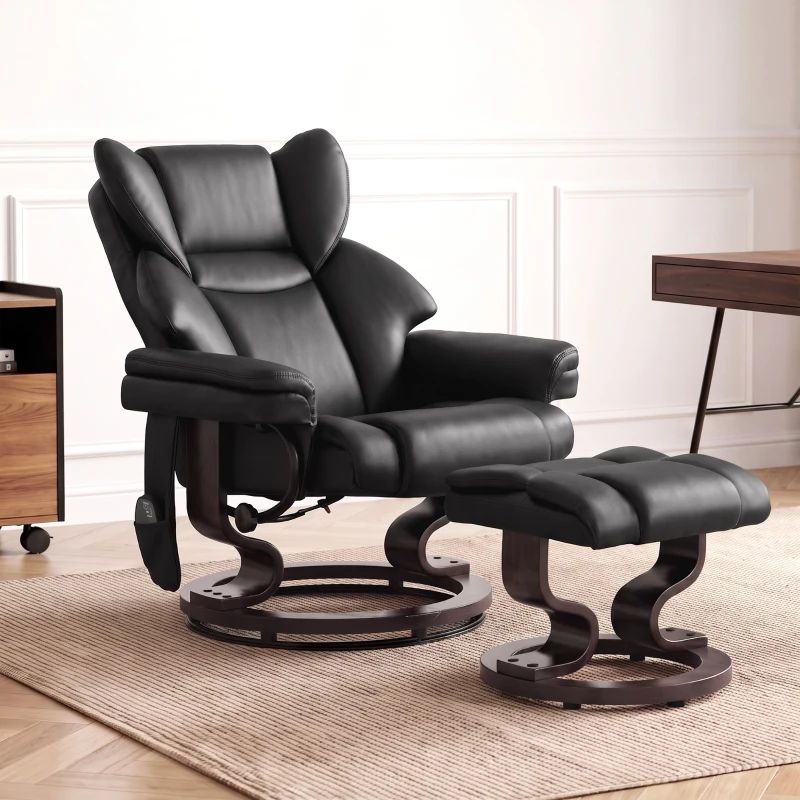HOMCOM Massage Recliner Chair with Ottoman Footrest, 10 Vibration Points, 360° Swivel Reclining Chair, Faux Leather Living Room Chair with Side Pocket and Remote Control, Black