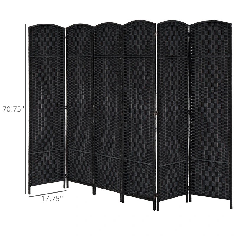 HOMCOM Room Divider 6 Panel, 6FT Tall Folding Privacy Screen, Freestanding Hand-Woven Partition for Room Separation with 360° Hinges, Paper Rope Diamond Weave, Black