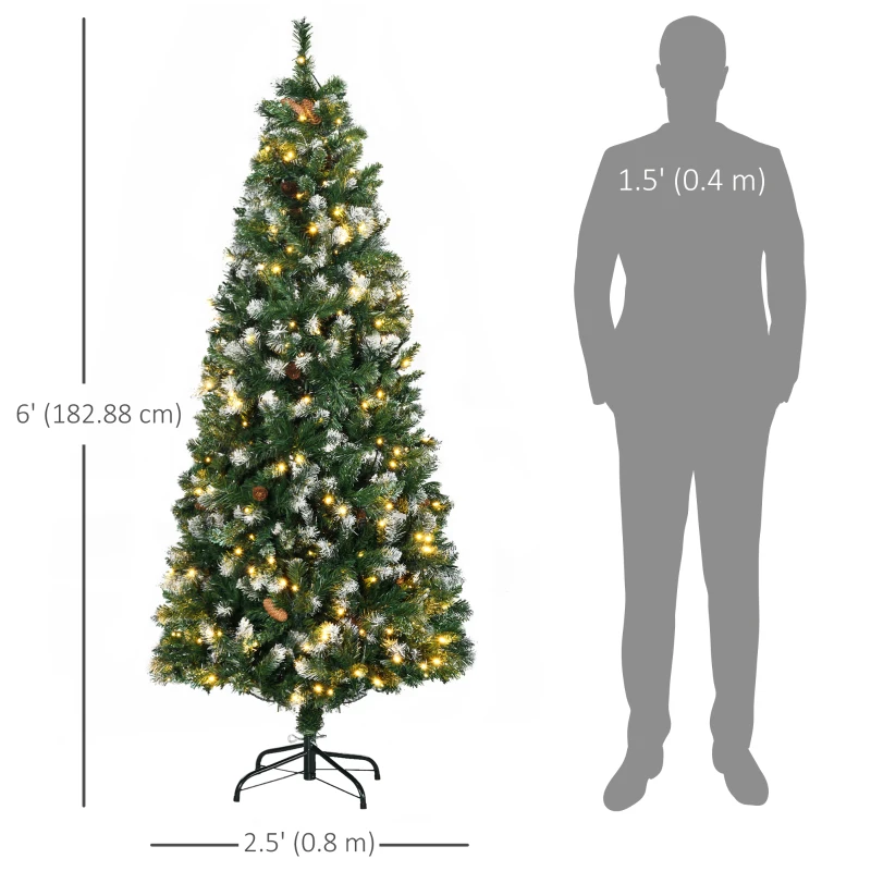 HOMCOM 6' Decorated Christmas Trees, Skinny Prelit Artificial Christmas Tree with Snow-dipped Branches, Auto Open, Pinecones