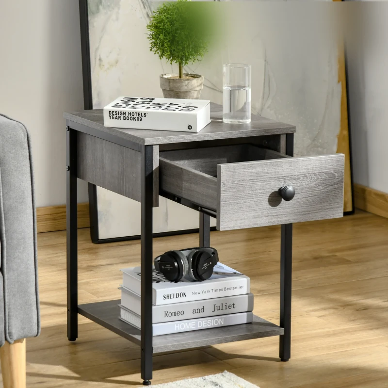 HOMCOM Industrial Side Table, End Table with Drawer and Storage Shelf for Living Room, Gray