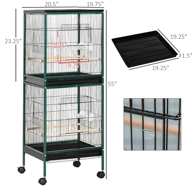 PawHut Large Bird Cage with 1.7 ft. Width for Wingspan, Bird Aviary Indoor with Multi-Door Design, Fit for a Canary, Finch, Conure, 55", Green