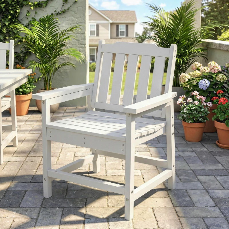 Outsunny All-Weather Patio Chair, HDPE Patio Dining Chair, Heavy Duty Wood-Like Outdoor Furniture for Garden, Backyard, Deck, Porch, Lawn, White