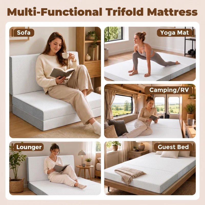 HOMCOM Foldable Mattress Queen Size, 6 Inch Tri Fold Memory Foam Mattress with Washable Cover & Non-Slip Bottom, 60" x 80" x6"