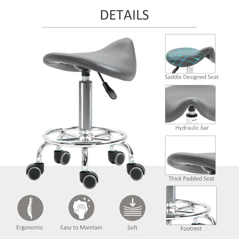 HOMCOM PU Leather Adjustable Stool, Rolling Saddle Stool with Wheels for Massage, Spa, Clinic, Beauty and Tattoo, Gray