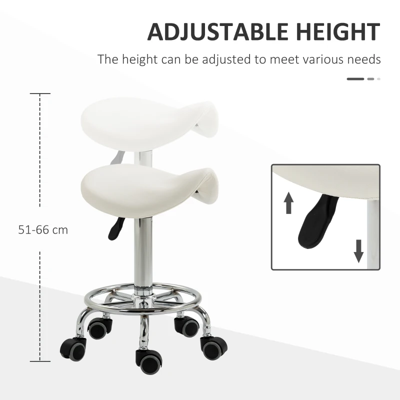 HOMCOM PU Leather Adjustable Stool, Rolling Saddle Stool with Wheels for Massage, Spa, Clinic, Beauty and Tattoo, White