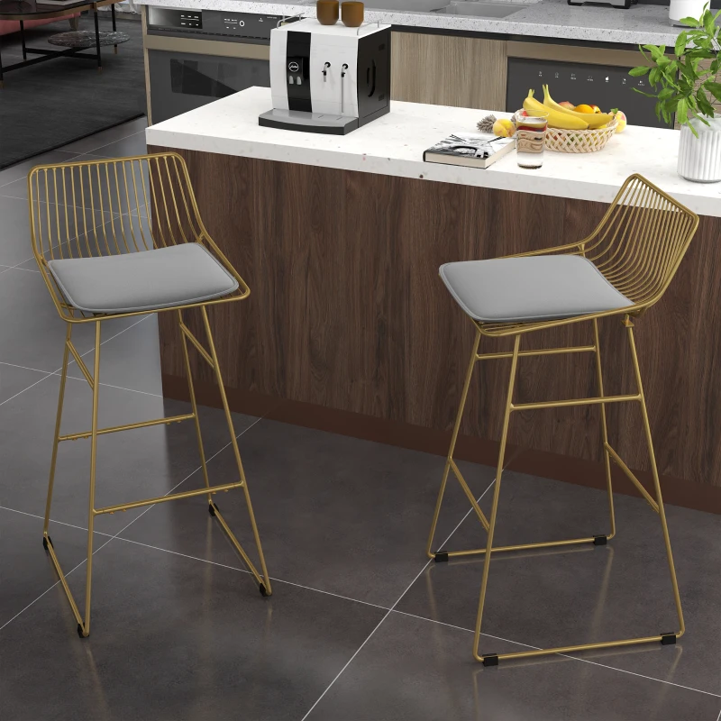 HOMCOM Modern Bar Stools Set of 2, Metal Wire Bar Height Barstools, 30 Inch Bar Chairs for Kitchen with Removable Cushion, Back and Footrest, Gold