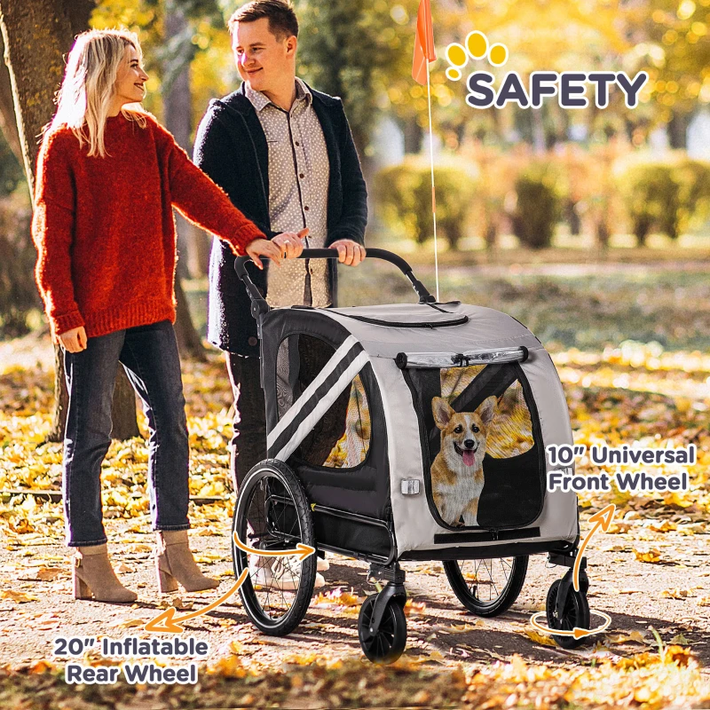 Aosom 2-in-1 Pet Bike Trailer for Small Medium Dogs, Road-Visibility Dog Stroller Bicycle Carrier, Weather-Strong Bike Wagon Trailer Sidecar Attachment, Gray