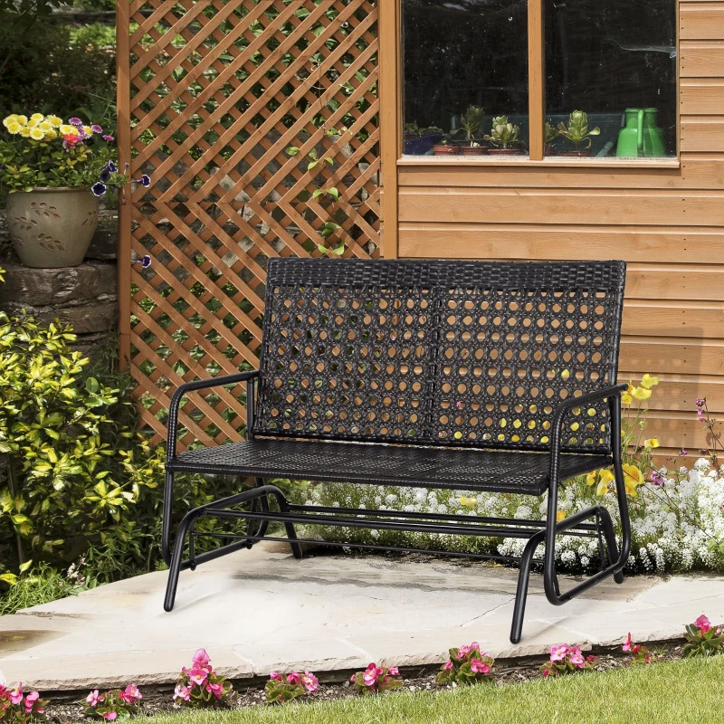 Outsunny Patio 2-Person Wicker Glider Bench Swing Gliding Chair, Outdoor All-Hand Woven PE Rattan Loveseat w/ Ergonomic Design for Patio, Garden, Porch, Lawn, Black