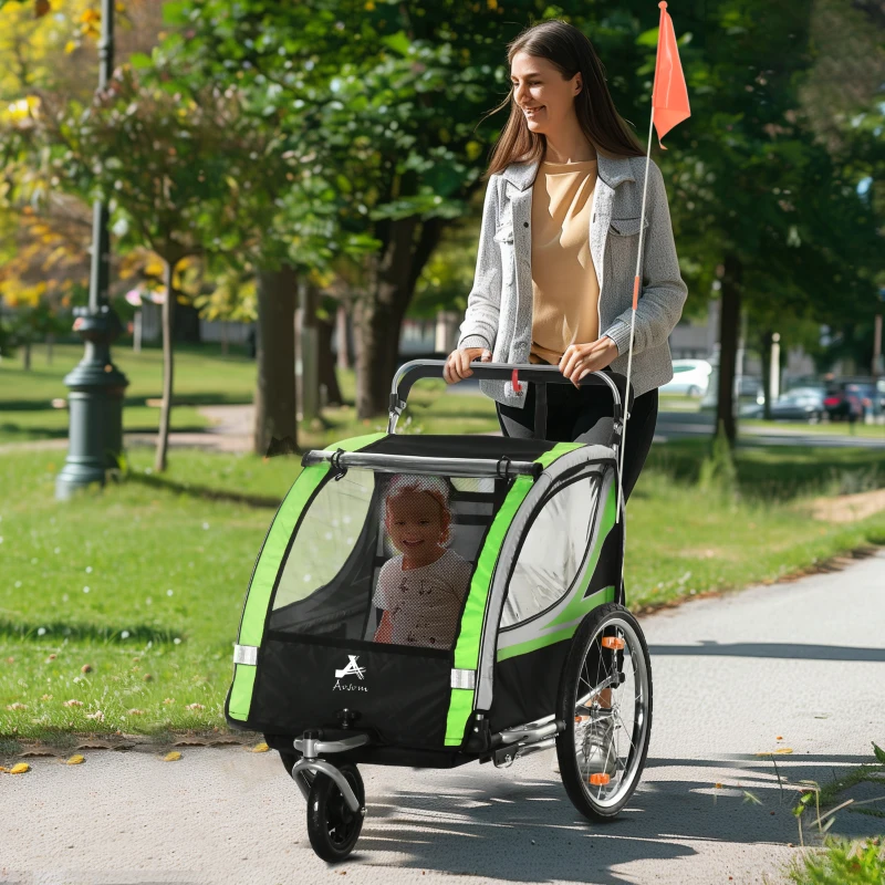Aosom 2-in-1 Walk/Ride Child Baby Bike Trailer for Kids 2 Seater, High-Visibility Bike Stroller for Toddler Wagon, Weather-Strong Double Bicycle Trailer Accessory, Green