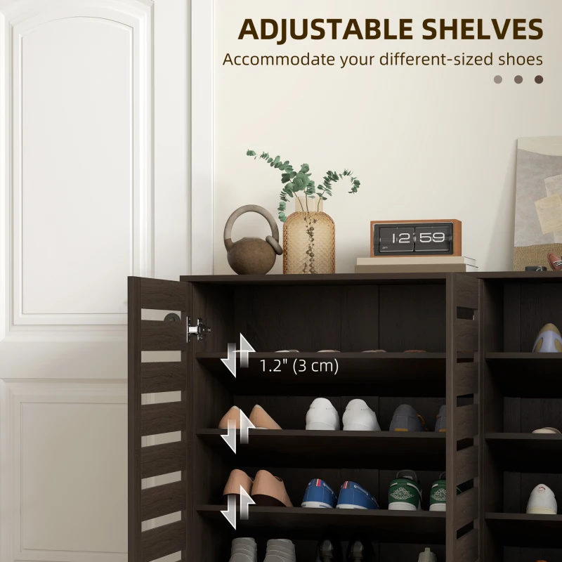 HOMCOM Narrow Shoe Cabinet with Slatted Doors, Adjustable Shelves for 20 Pairs of Shoes, Shoe Cabinet for Entryway, Dark Brown