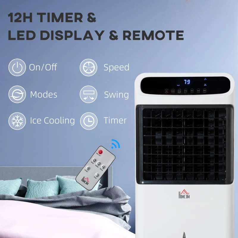 HOMCOM 3-In-1 Ice Cooling Fan, Mobile Evaporative Air Cooler with Remote, Timer, Oscillating for Home Office, Bedroom, White