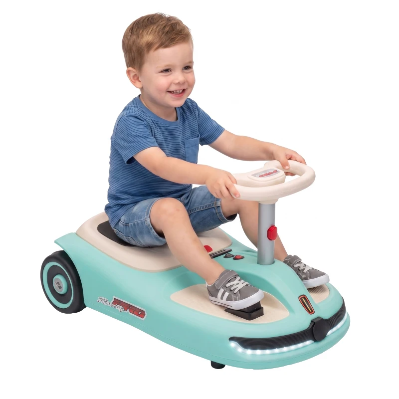 Qaba 12V Electric Wiggle Car with Convertible Steering Wheel Pull Handle, 2 Speed, Music, Lights for 3-5 Years, Light Blue