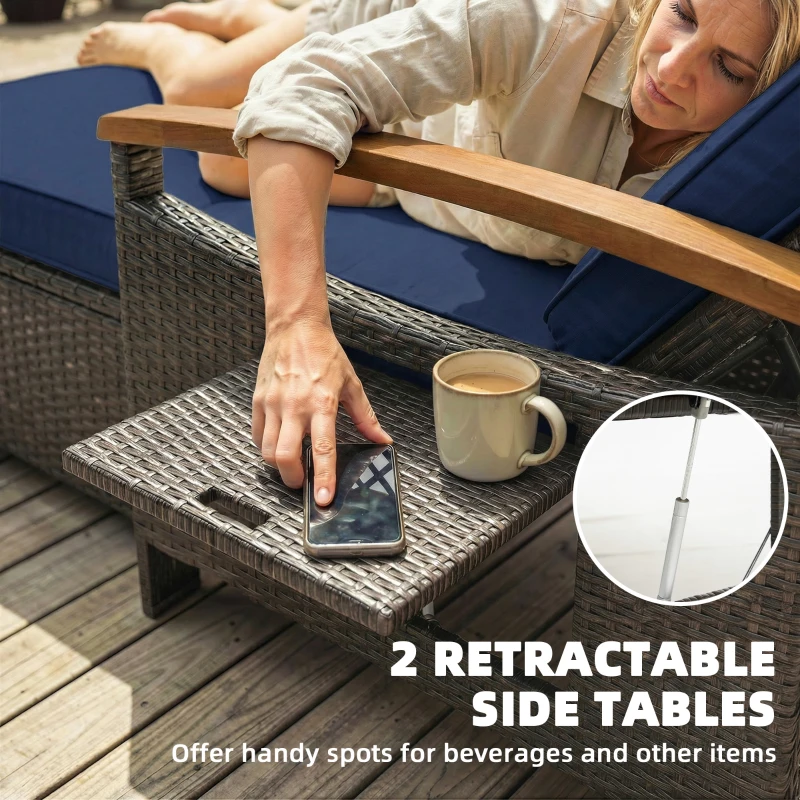 Outsunny Rattan Outdoor Daybed w/4-Level Adjustable Backrest, Patio Sofa Bed w/Storage Ottoman, Acacia Wood Armrest, Navy Blue