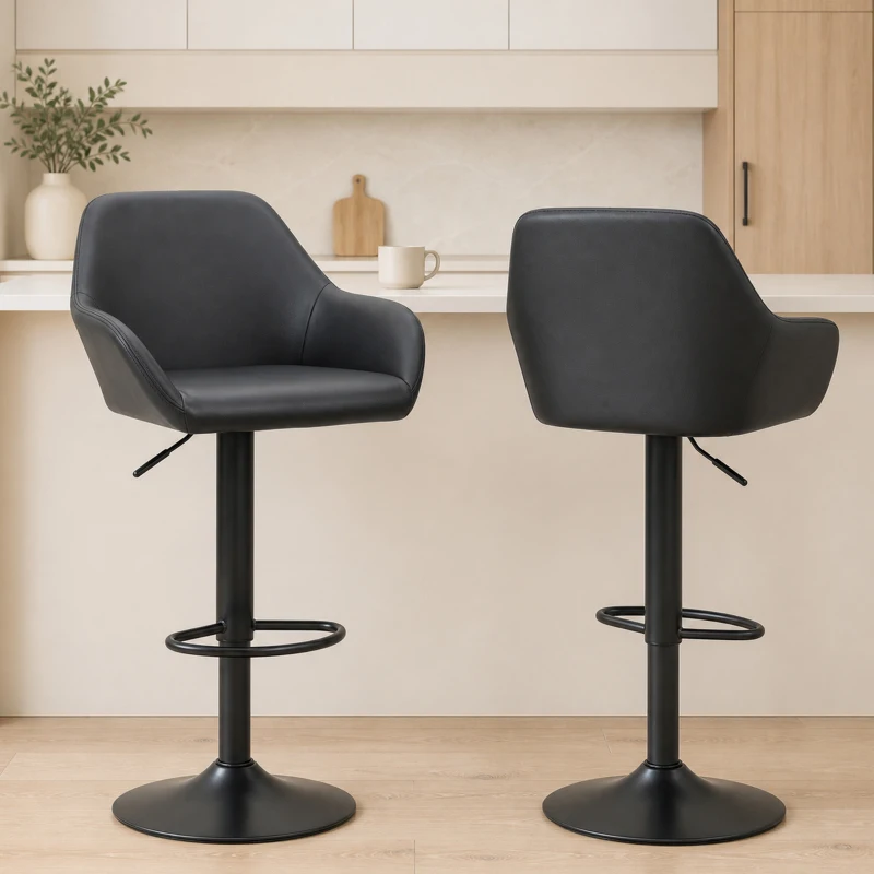 HOMCOM Adjustable Bar Stools, Swivel Counter Height Barstools with Footrest and Back, PU Leather and Steel Round Base, Black