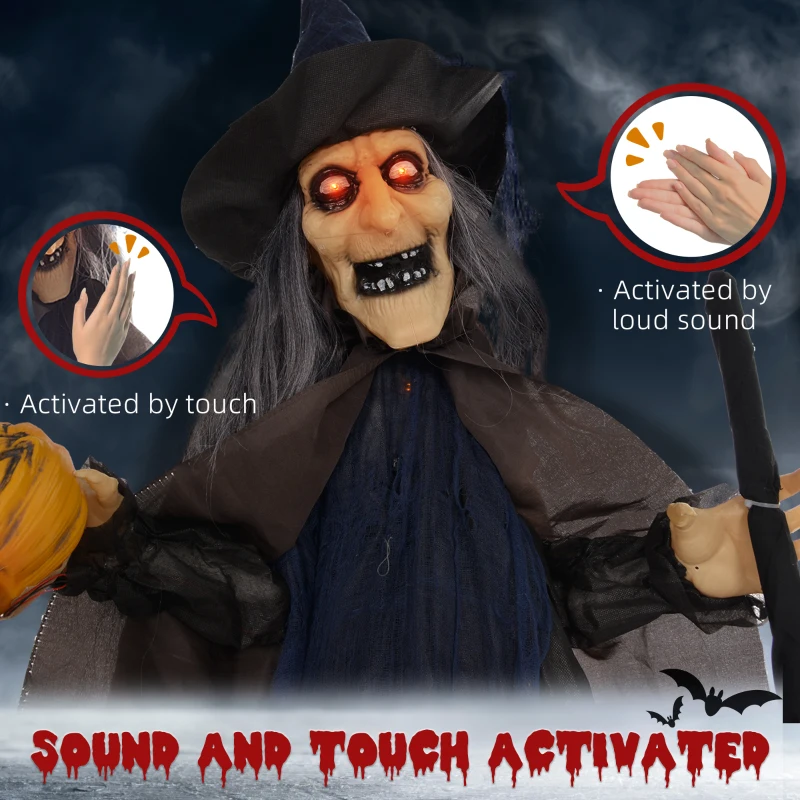 HOMCOM 6.2' Life Size Decoration Animatronic Witch w/ Broomstick Outdoor Halloween, Sound & Motion Activated w/ Light Up Eyes