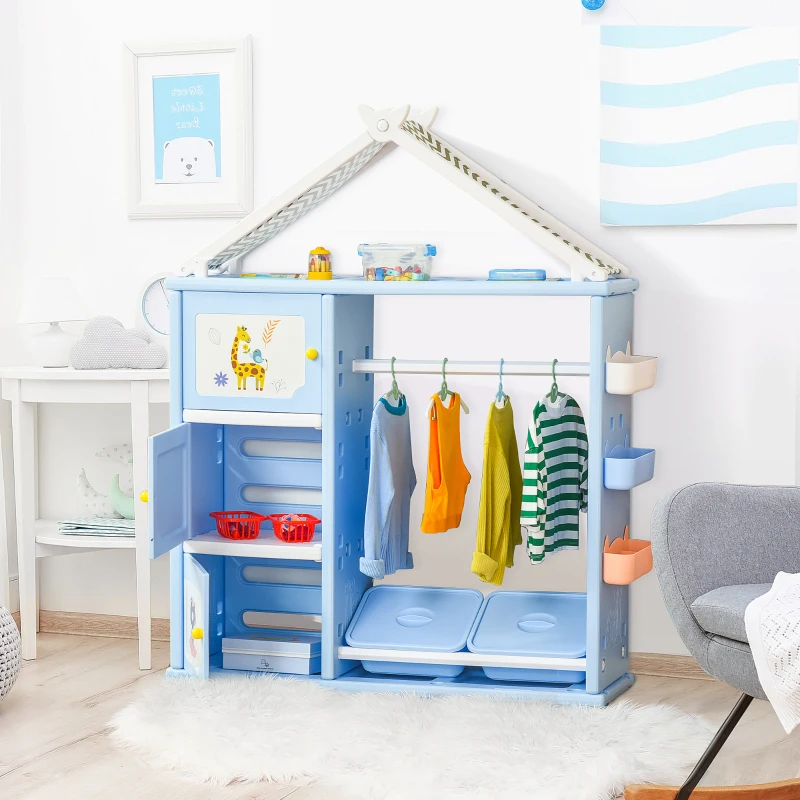 Qaba Kids Dress Up Storage, Multifunctional Kids Wardrobe Closet Hanging Rack Built for Kids Bedroom Storage, Featuring Bins, Cabinets, Top Shelf, and Drop-In Shelves, Blue