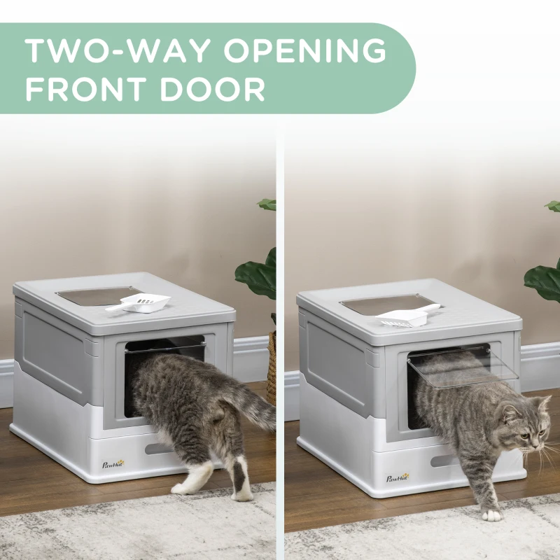 PawHut Fully Enclosed Cat Litter Box with Front Entry and Top Exit, Plastic, Gray & White
