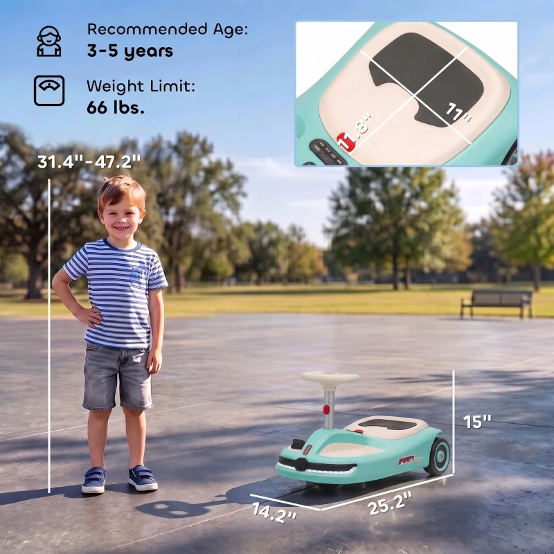 Qaba 12V Electric Wiggle Car with Convertible Steering Wheel Pull Handle, 2 Speed, Music, Lights for 3-5 Years, Light Blue