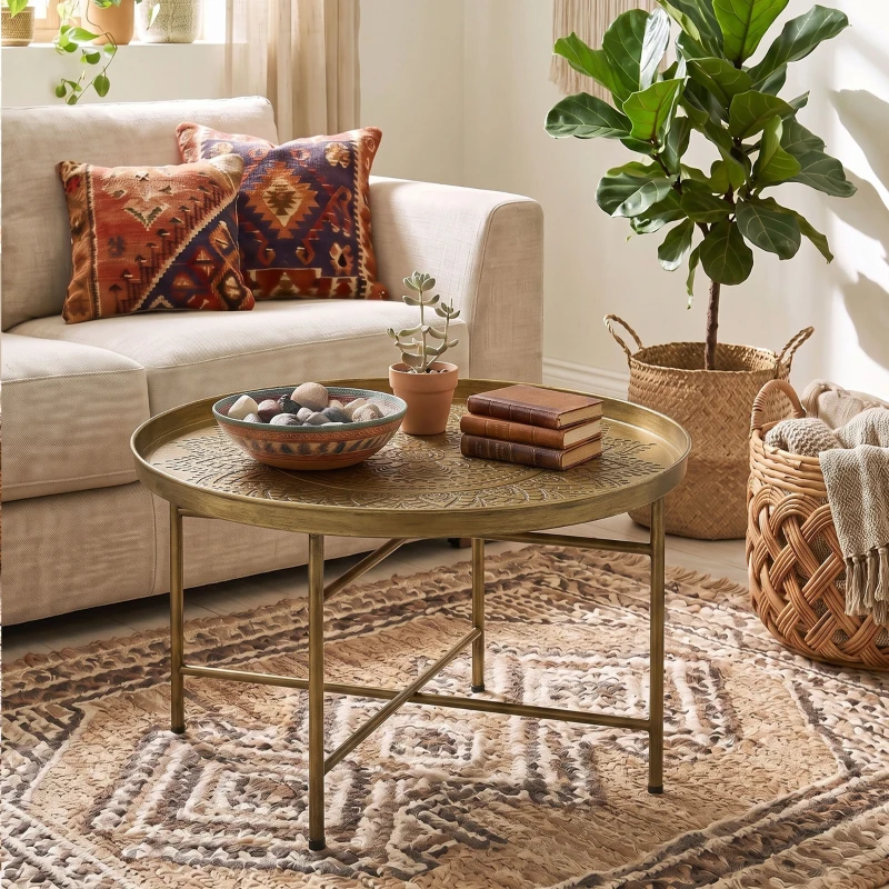 HOMCOM Coffee Table for Living Room, 24" Round Center Table with Hammered Tray Top and Metal Frame for Bedroom, Gold