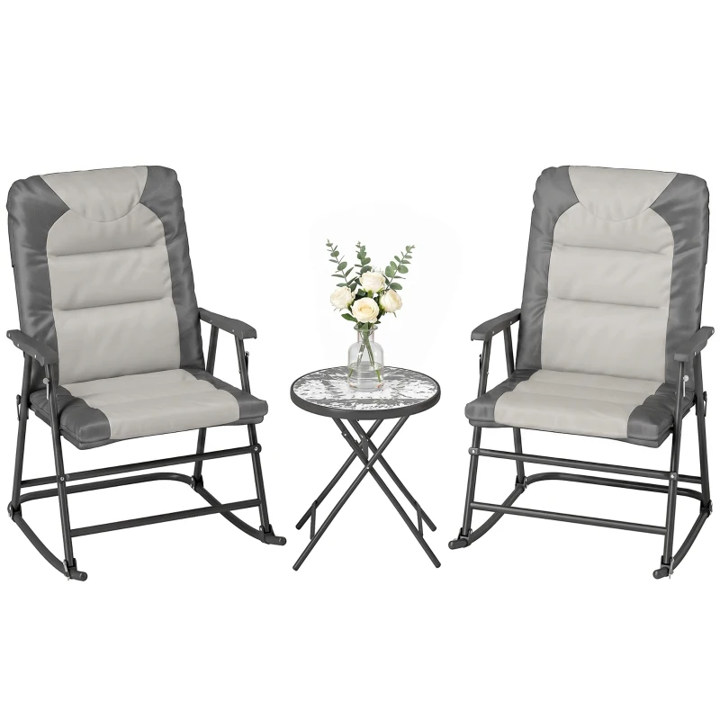 Outsunny 3-Piece Outdoor Foldable Rocking Chair Set, Light Grey