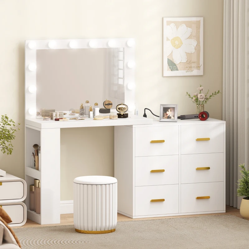 HOMCOM Vanity Desk with Mirror and 12 LED Lights, Makeup Table w/ Power Outlet, 3 Light Colour, 6 Drawers and 2 Shelves, White