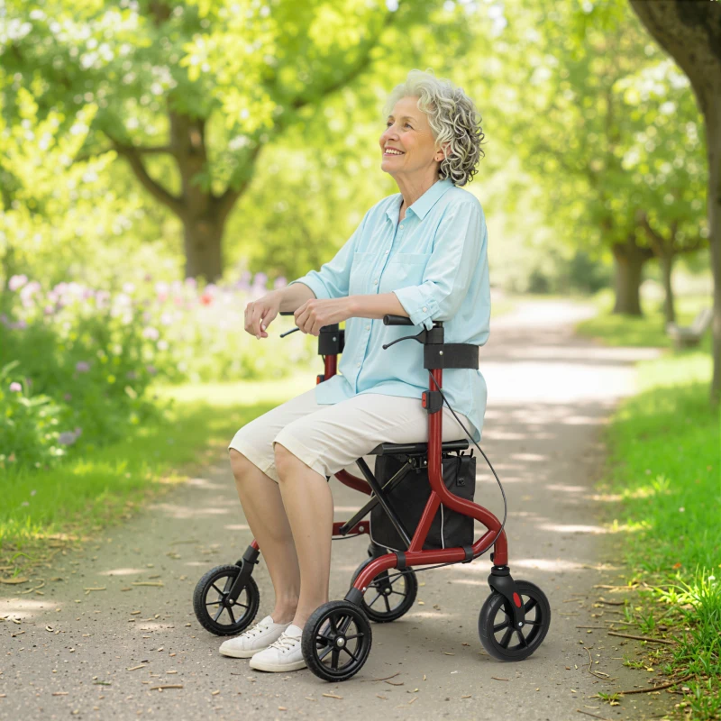 HOMCOM Foldable Rollator Walker with Seat for Seniors, Lightweight Rolling Walker with Adjustable Handles, Red