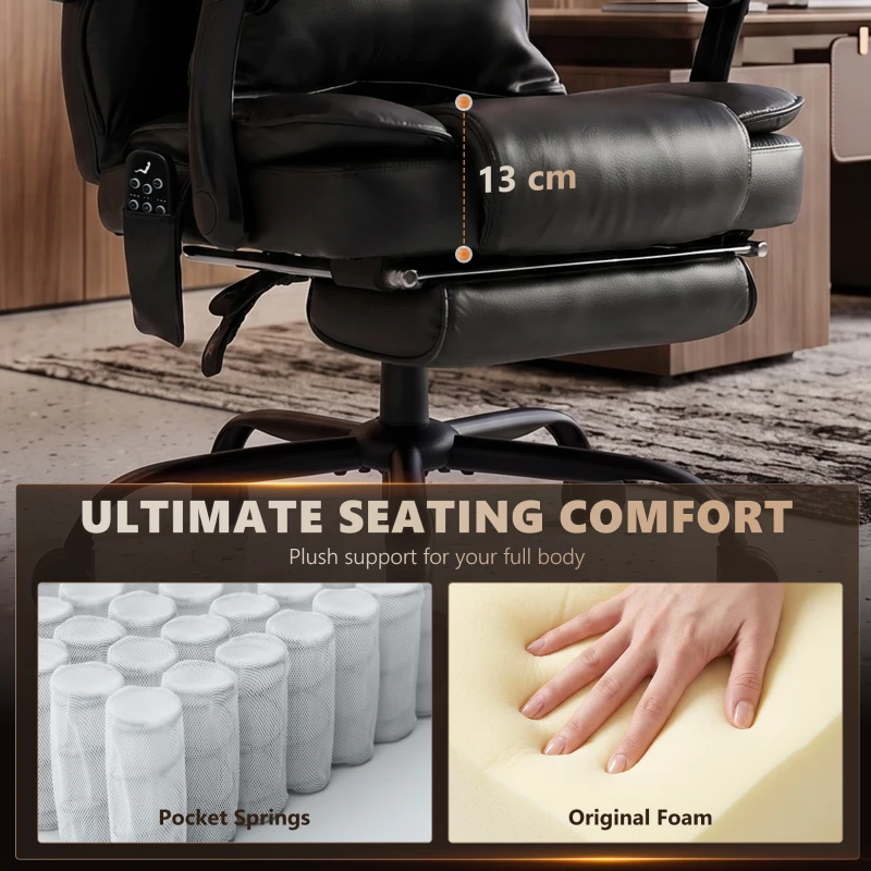 HOMCOM High Back Vibration Massage Office Chair, Heated Reclining PU Leather Computer Chair with Headrest, Black