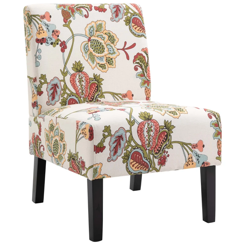 HOMCOM Linen Fabric Dining Chair with Pine Wood Legs and Sponge Padded Cushion, for Living Room, Dining Room, Flower Pattern