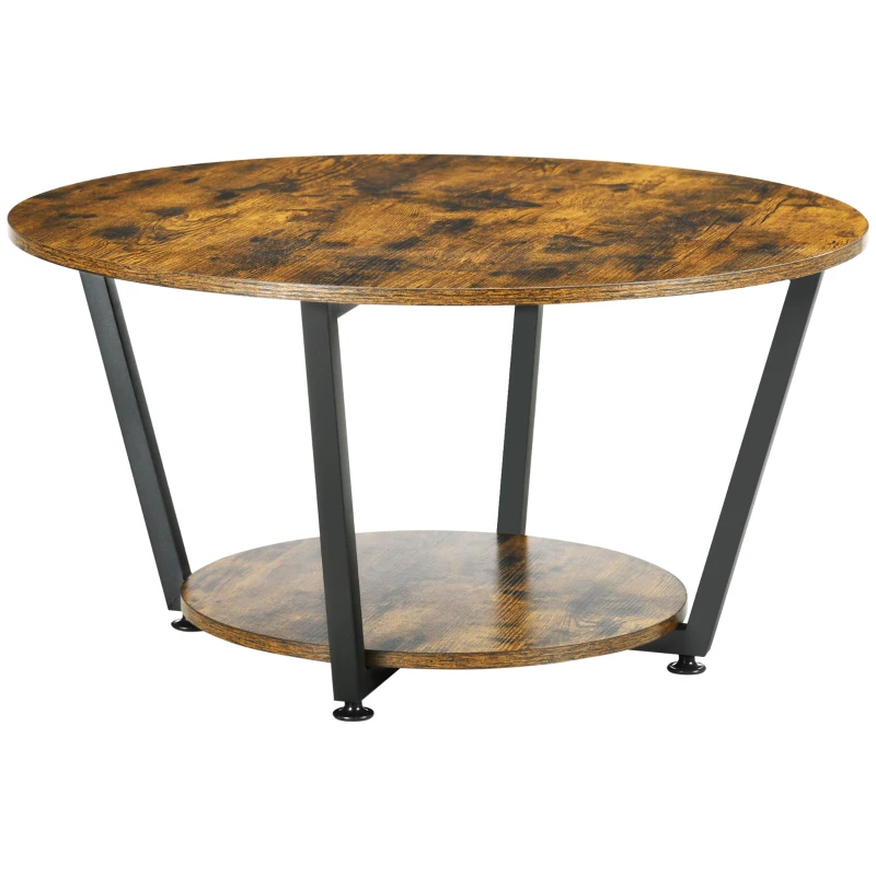 HOMCOM 2-Tier Round Coffee Table with Storage Shelf, Industrial Center Table with Steel Frame for Living Room, Rustic Brown